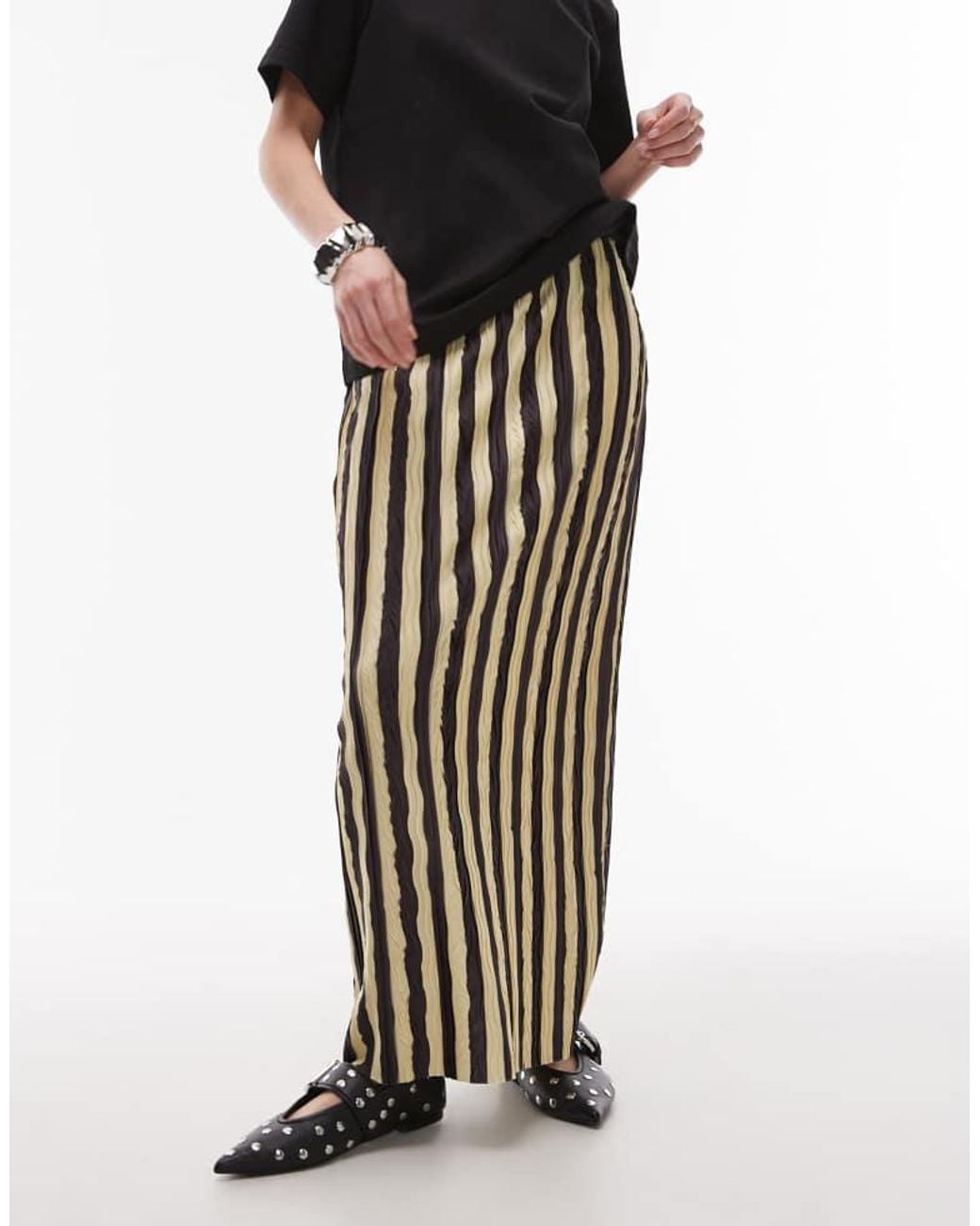 TOPSHOP Brown Stripe Plisse Midaxi Skirt