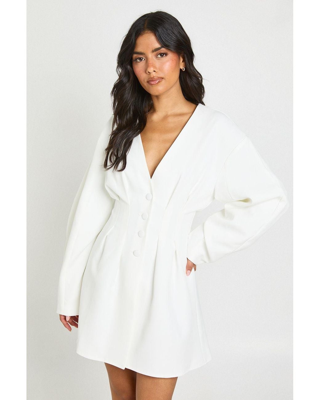 Boohoo White Tailored Cinched Waist Button Down Blazer Dress