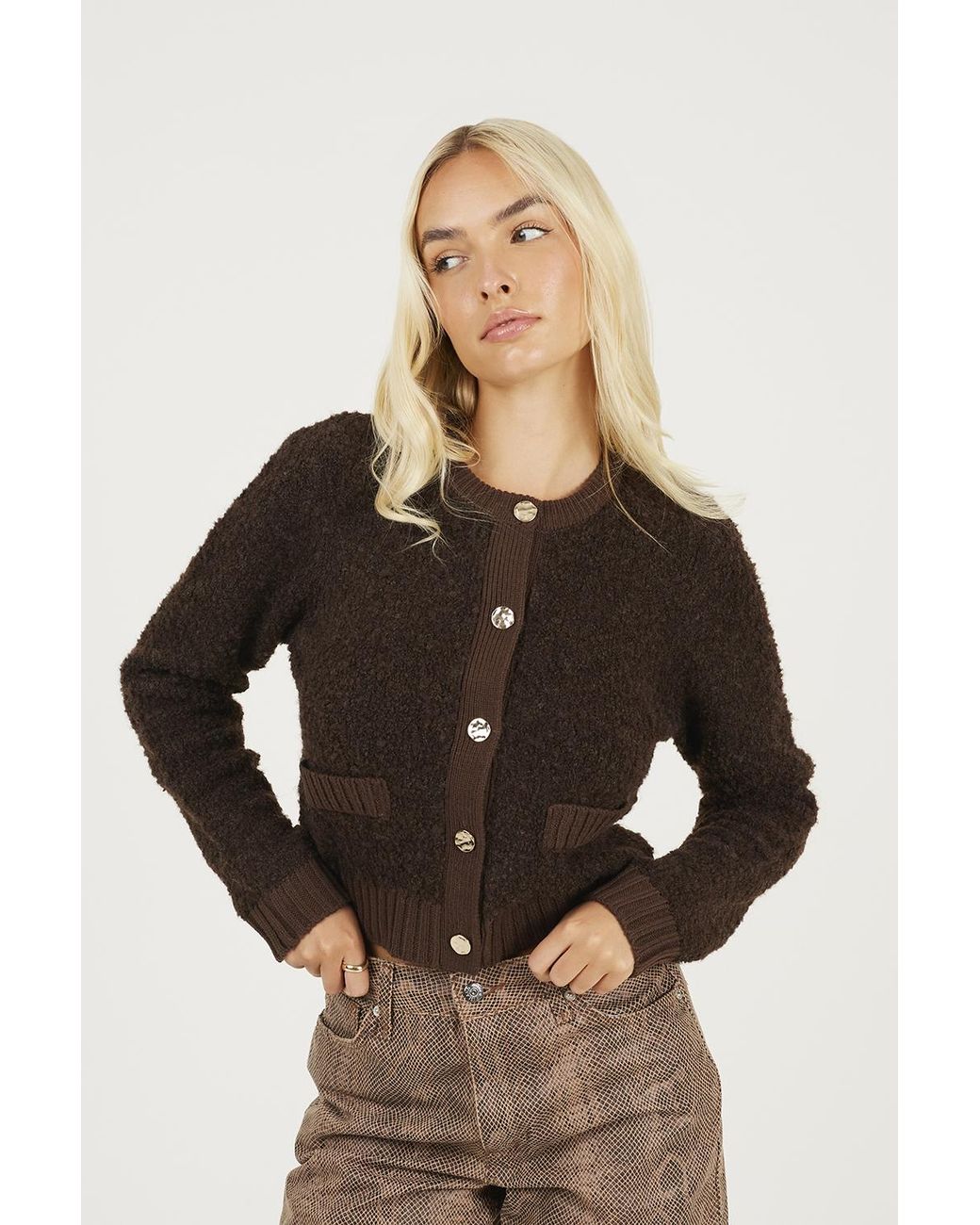 Brave Soul Black Button Through Boucle Cardigan