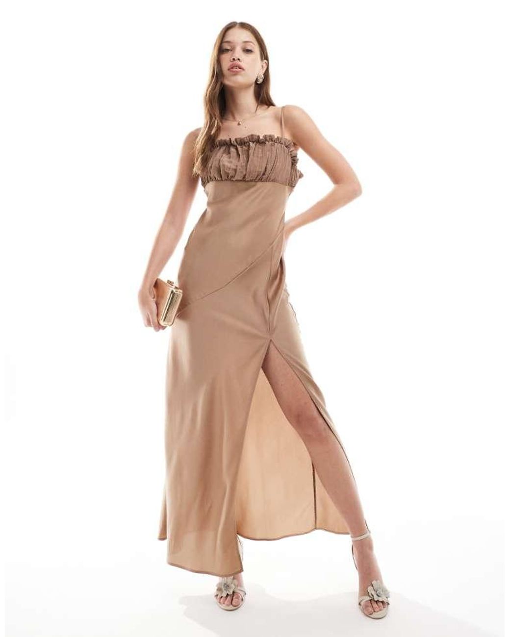 ASOS Natural Contrast Frill Bodice Satin Maxi Dress With Thigh Split