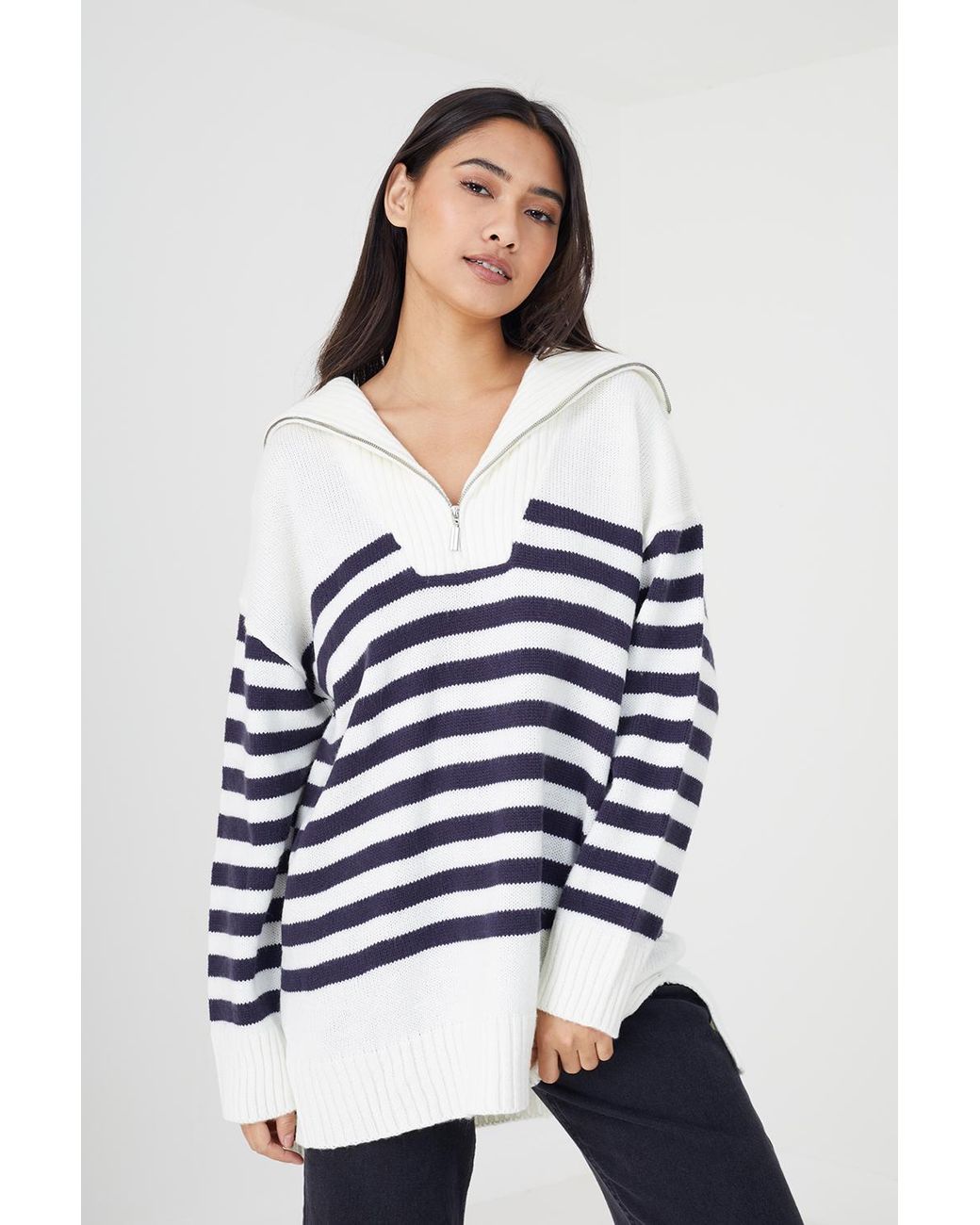 Brave Soul White 'Fashion' Striped Oversized 1/2 Zip Knitted Jumper
