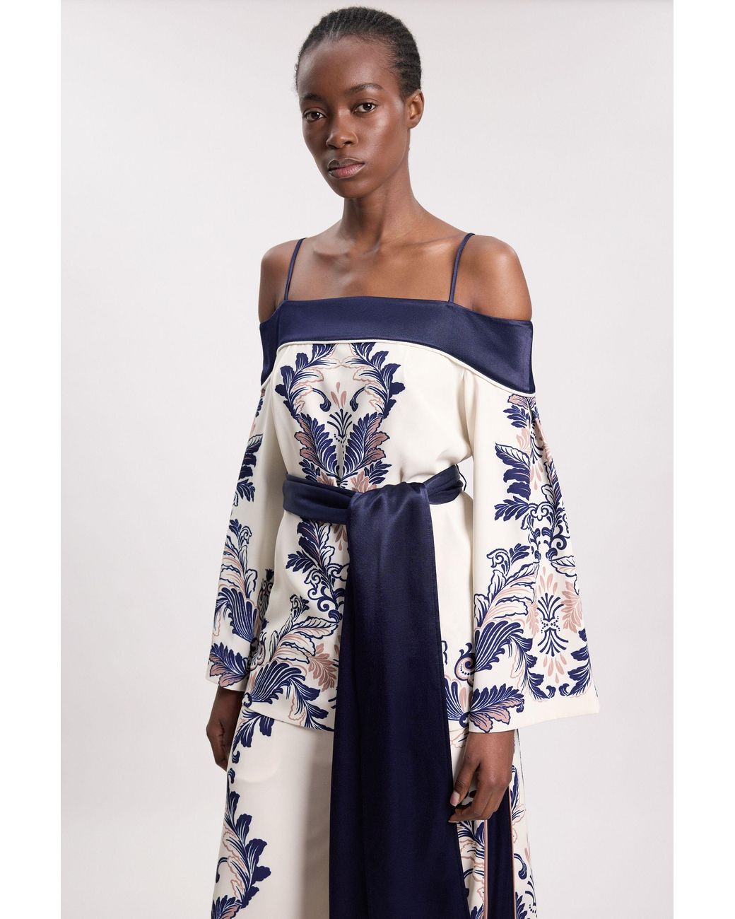Karen Millen Blue Scarf Print Belted Woven Bardot Top