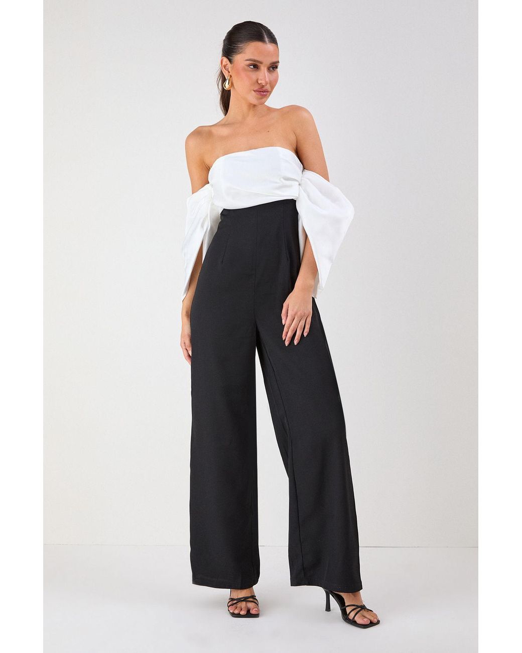 MissPap White Bardot Volume Sleeve Wide Leg Jumpsuit