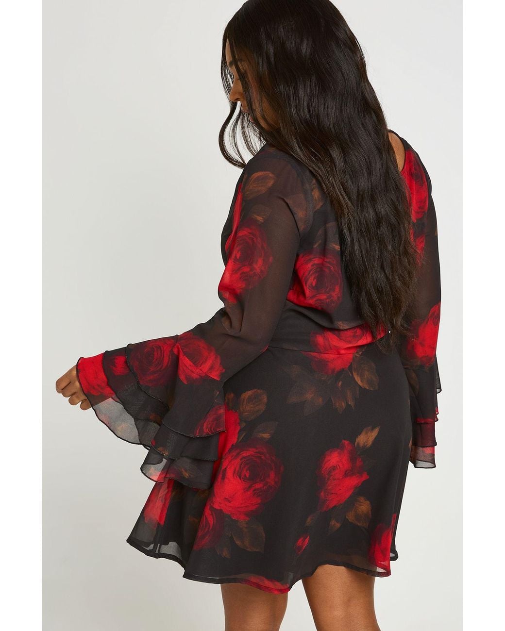 Boohoo Red Plus Floral Chiffon Tie Back Flare Mini Dress