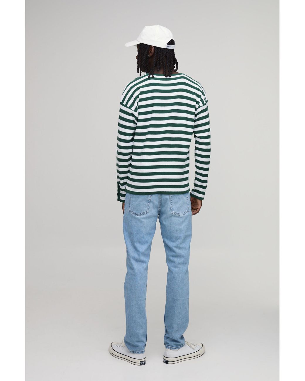 BoohooMAN Blue Regular Fit Henley Striped Knitted Long Sleeve T-Shirt for men