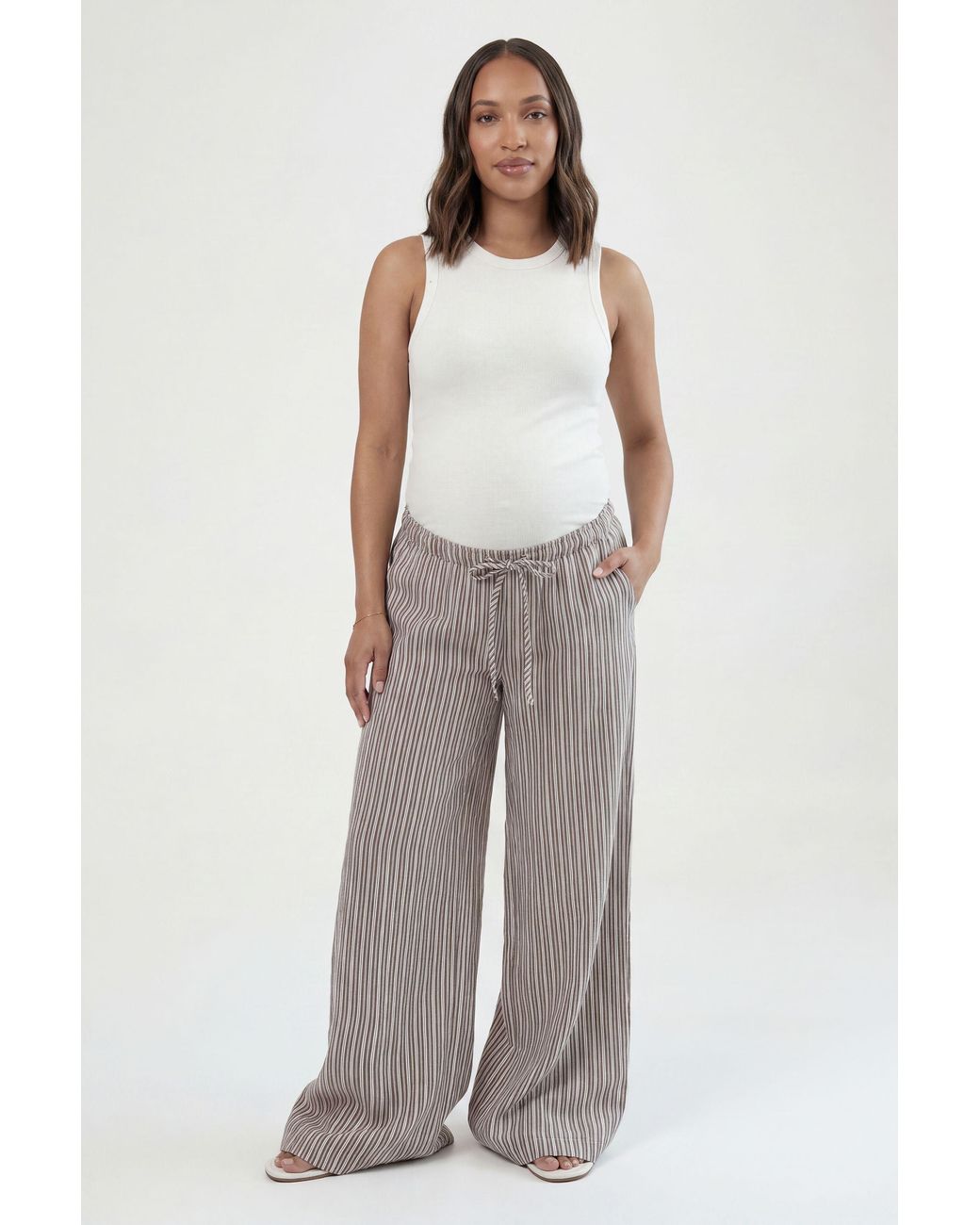 Boohoo Brown Maternity Woven Stripe Elasticated Waist Wide Leg Trouser