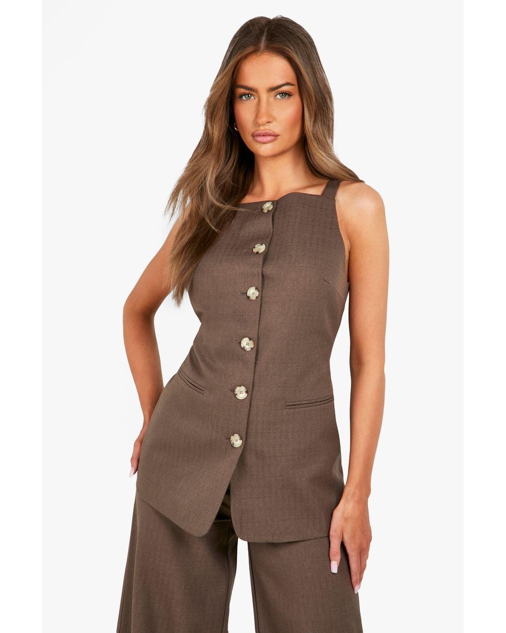 Boohoo Brown Textured Mock Horn Button Front Longline Waistcoat