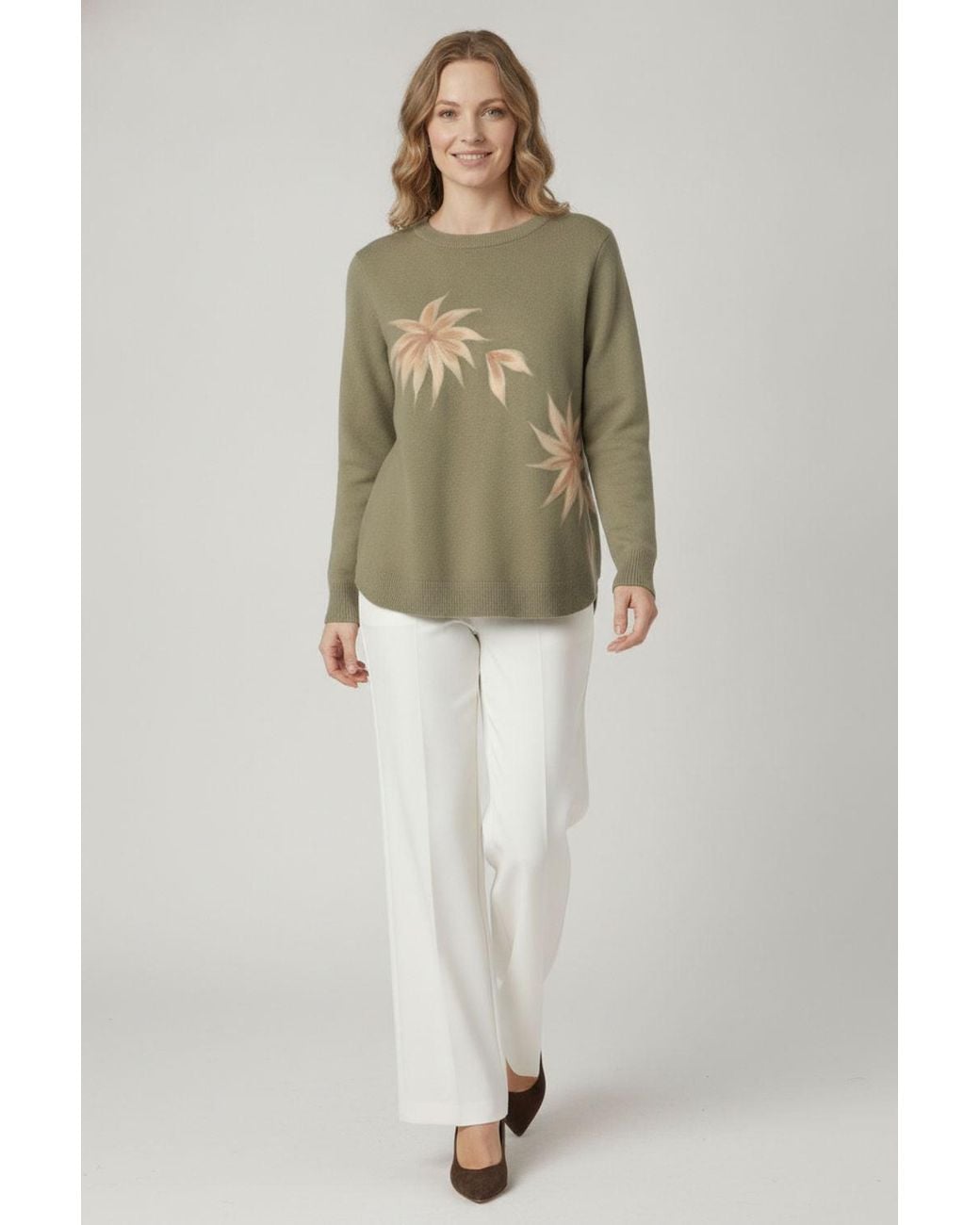 Izabel London Green Printed Long Sleeve Curve Hem Jumper