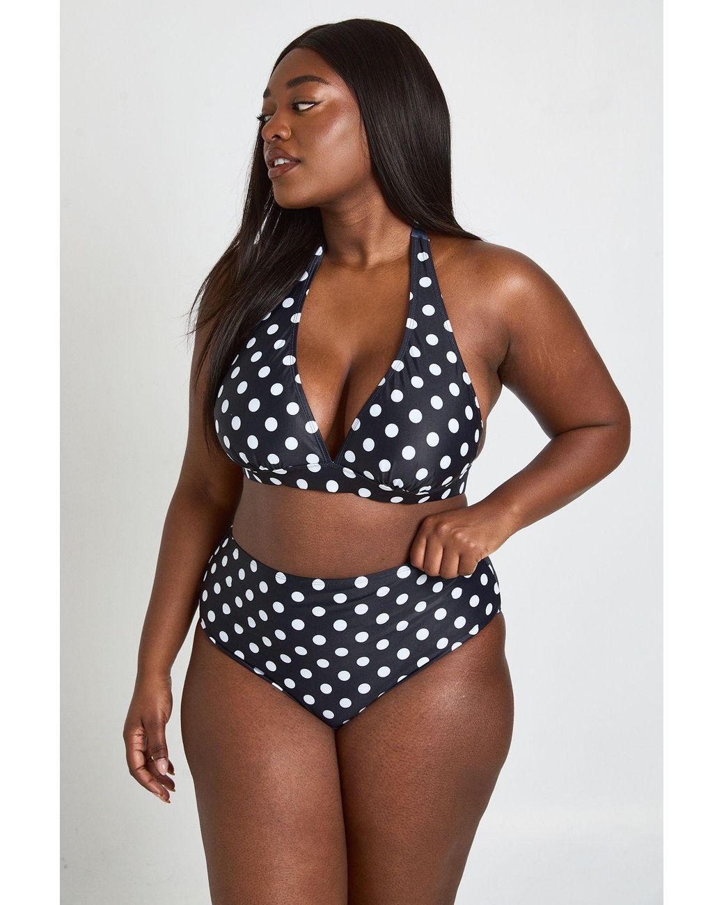 Boohoo Black Plus Polka Dot Plunge Halterneck Bikini Set