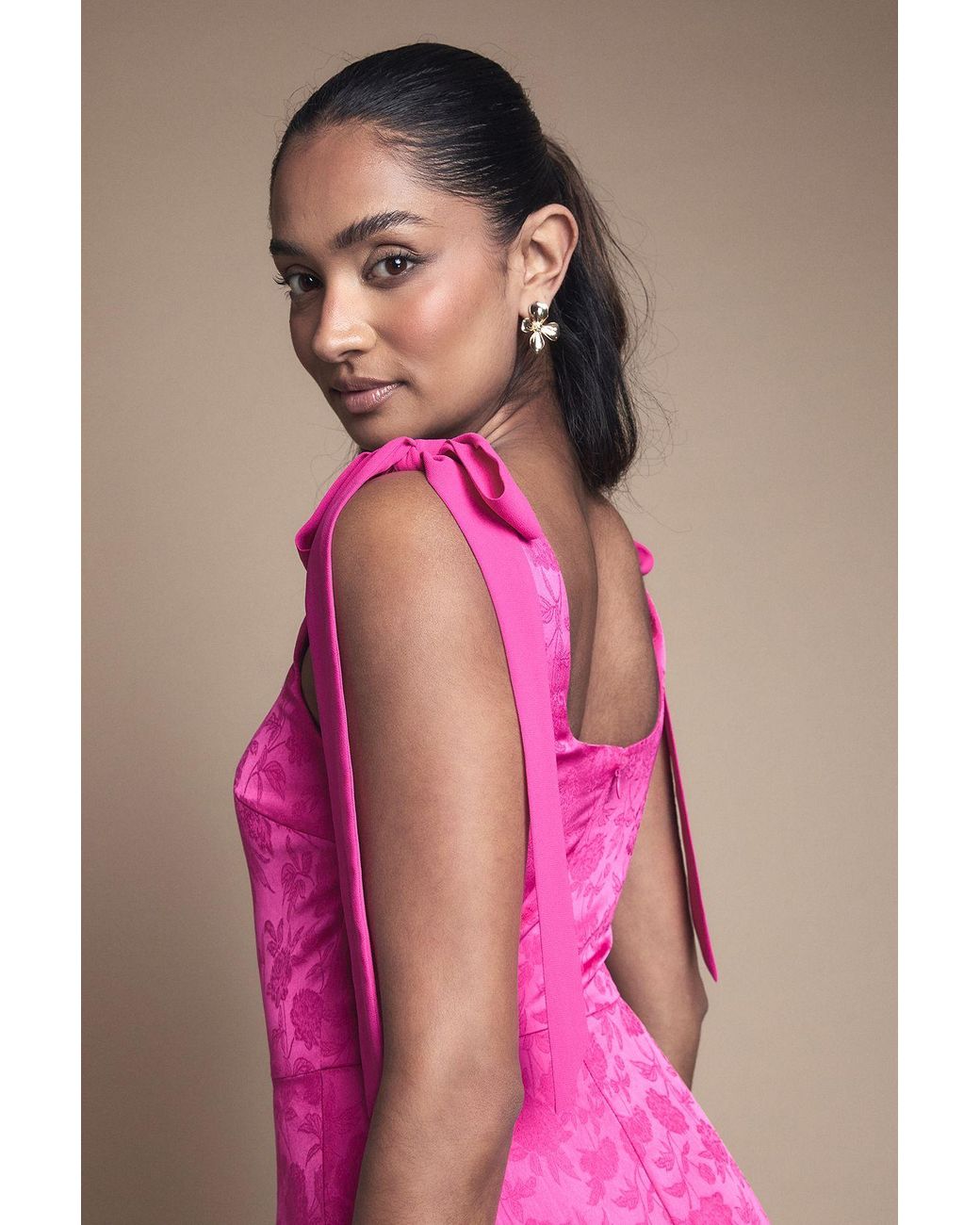 Oasis Pink Square Neck Chiffon Tie Shoulder Satin Jacquard Bridesmaid Dress