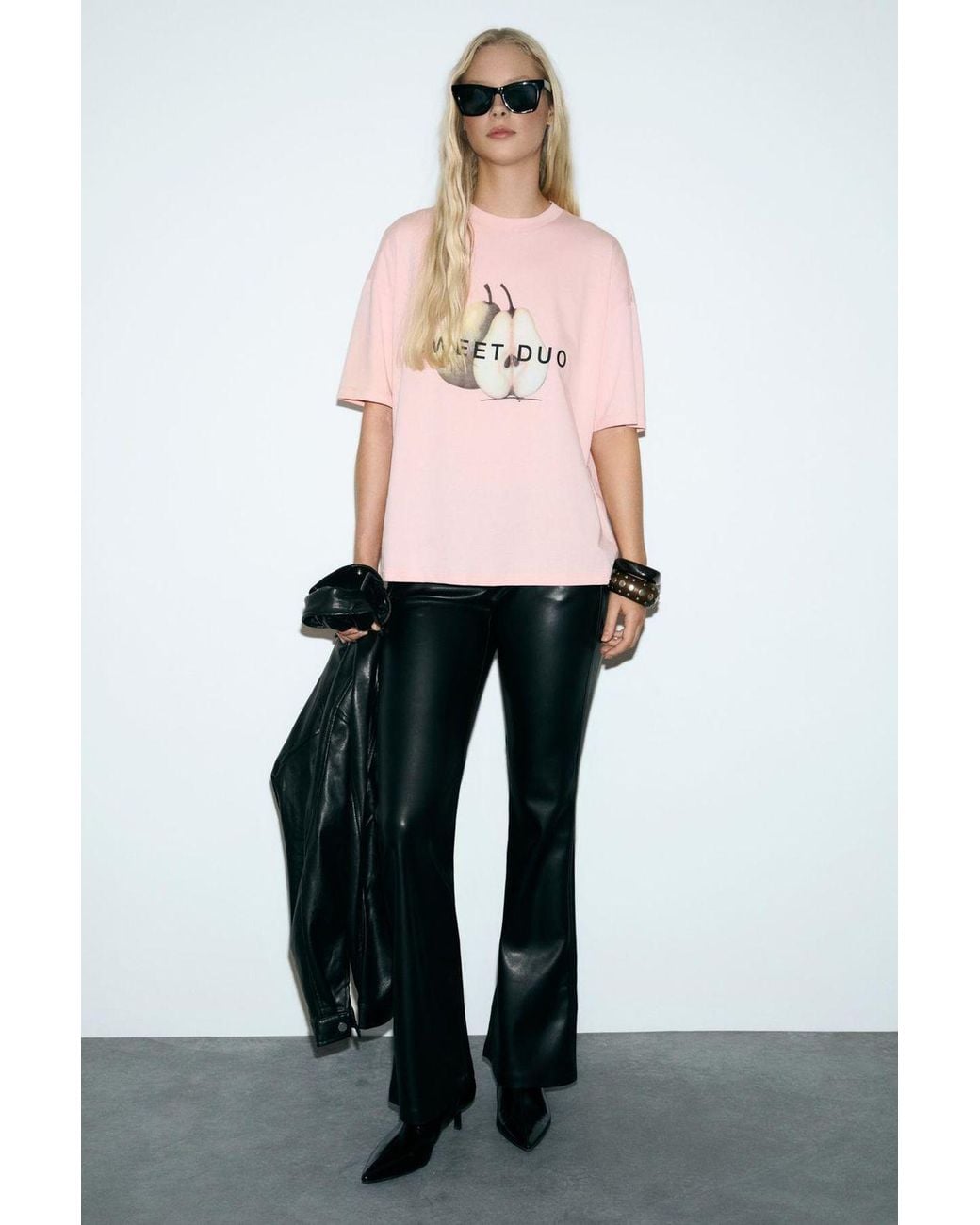 Grimelange Pink Oversized Printed Crew Neck T-Shirt
