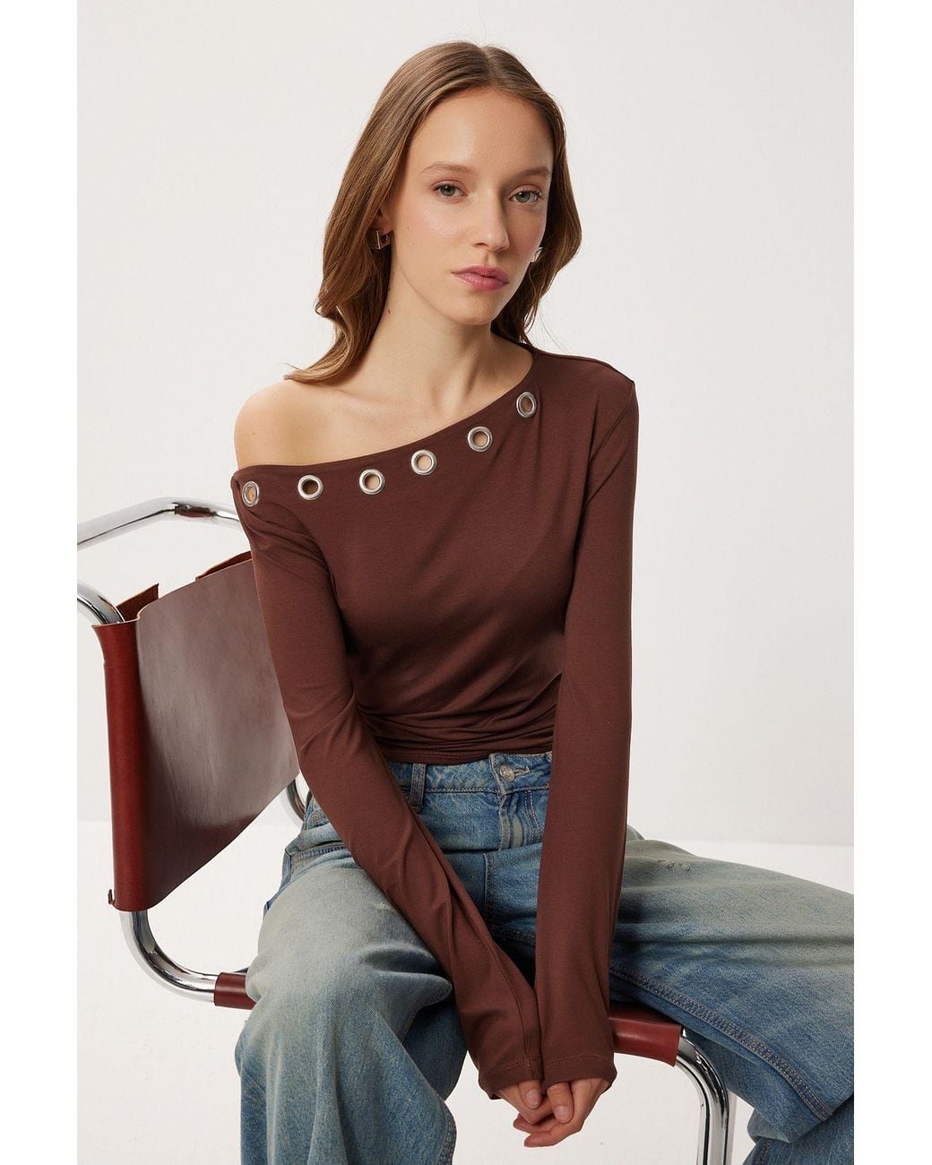 Happiness İstanbul Brown Asymmetrical Collar Long Sleeve Viscose Blouse