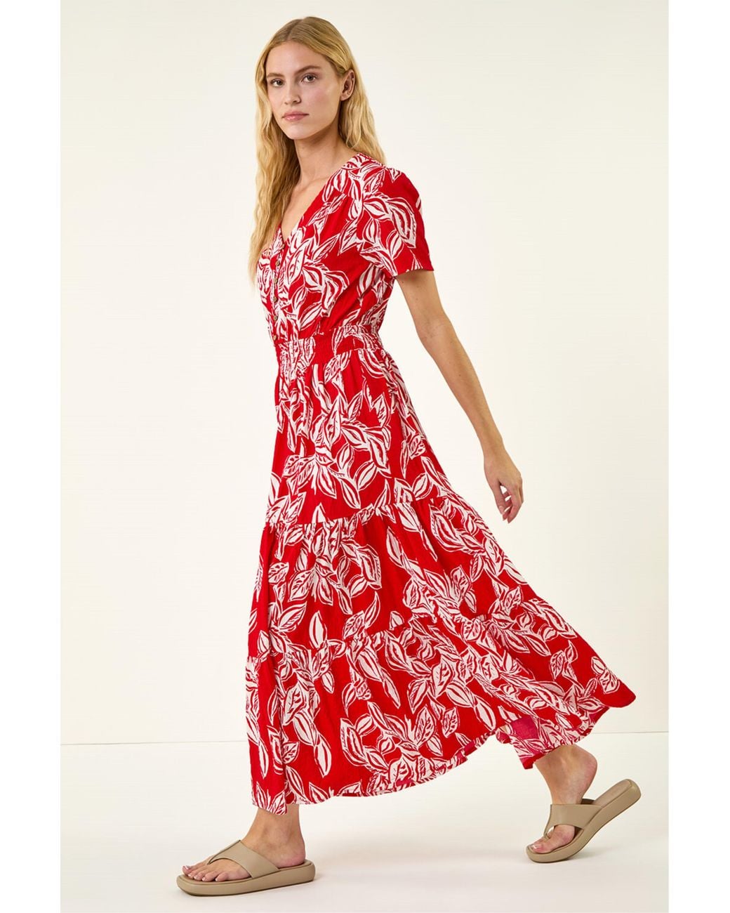 Roman Leaf Print Shirred Maxi Dress