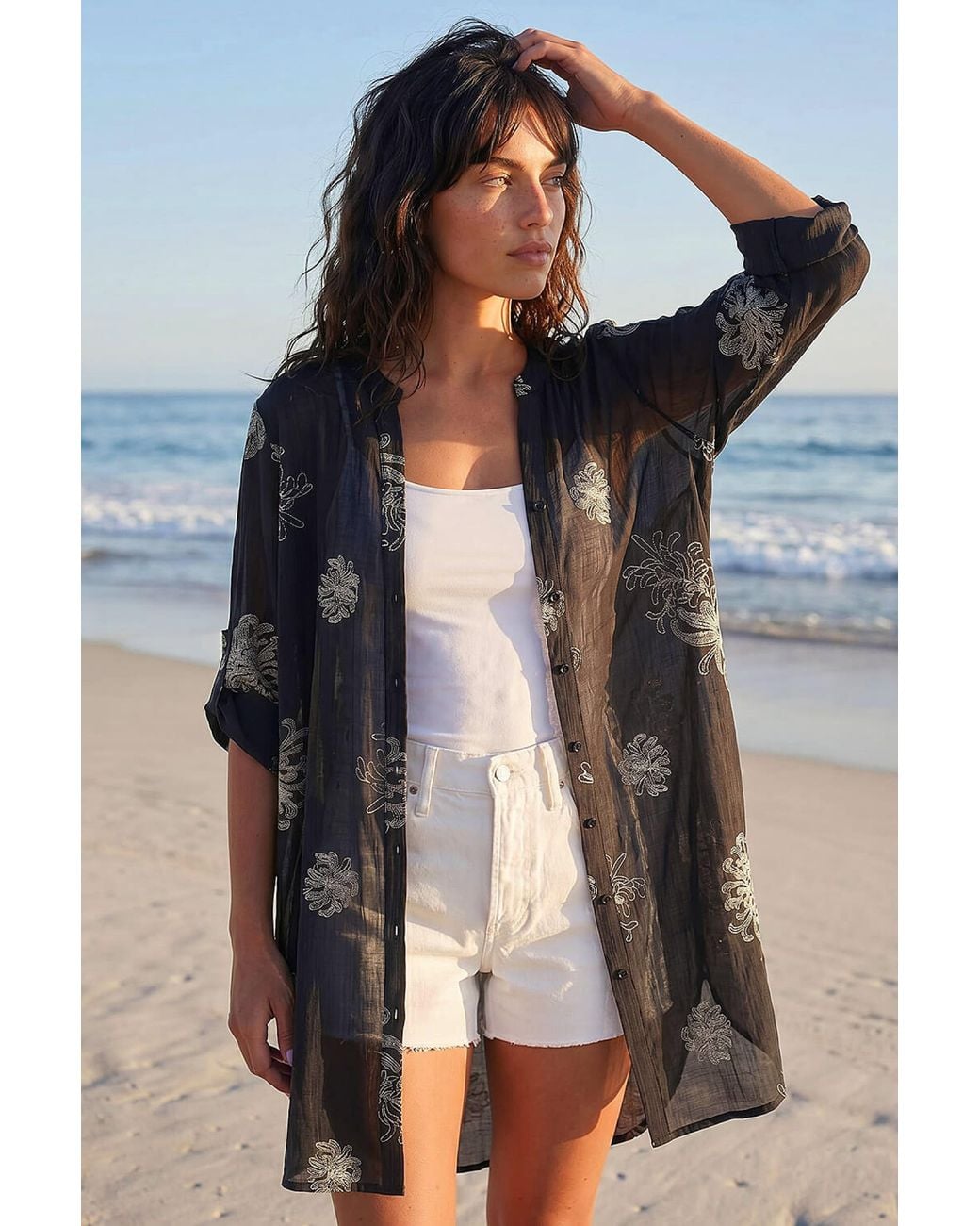 Roman Blue Floral Print Longline Blouse