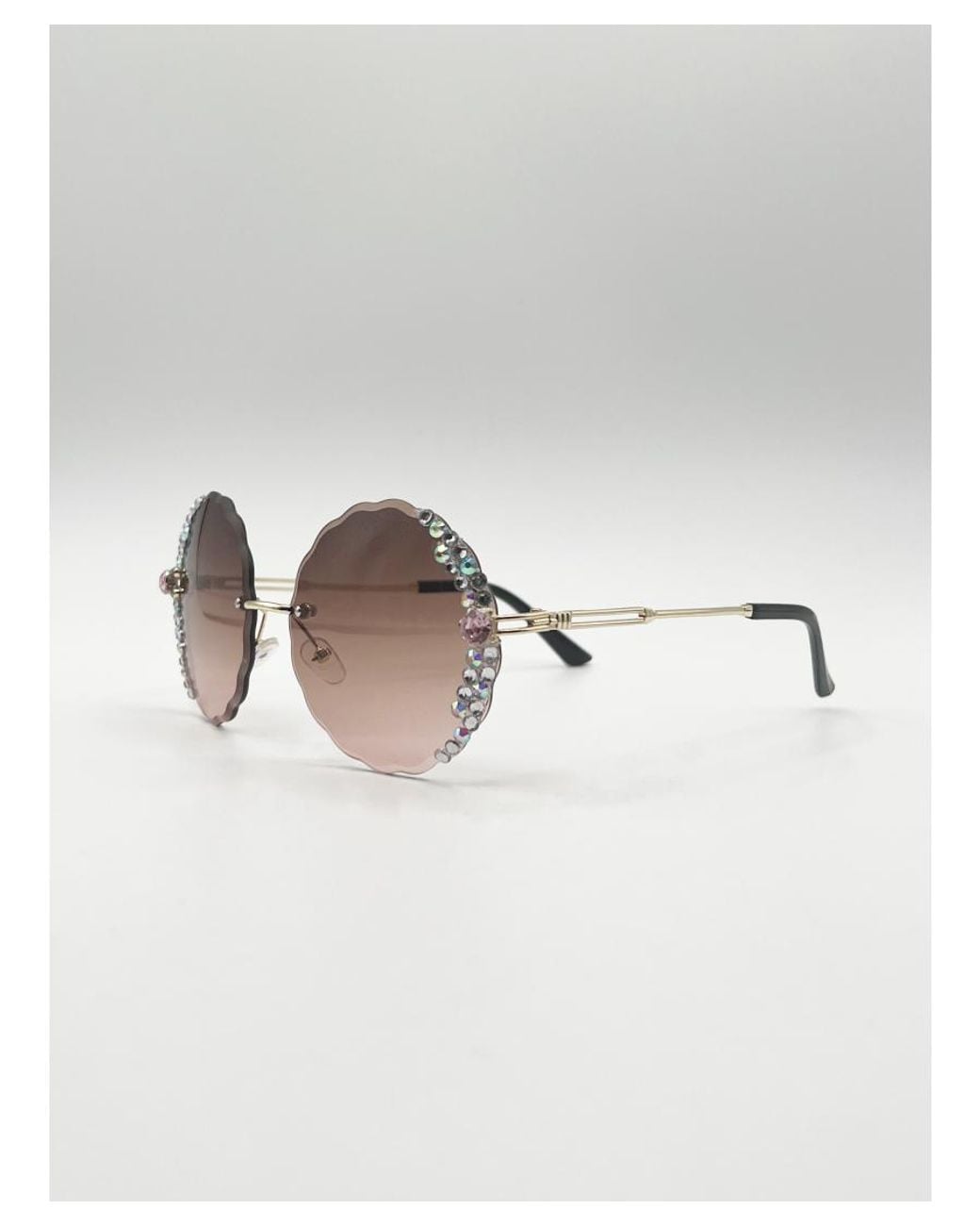 SVNX Gray Oversized Round Frameless Sunglasses With Crystal Detail
