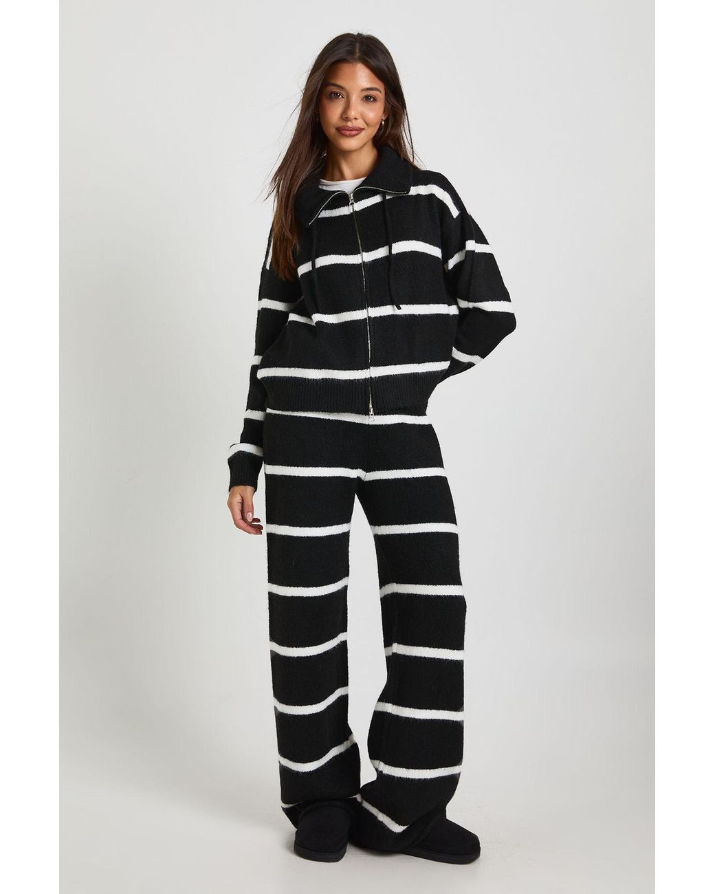 Boohoo Blue Wide Leg Stripe Knitted Trouser