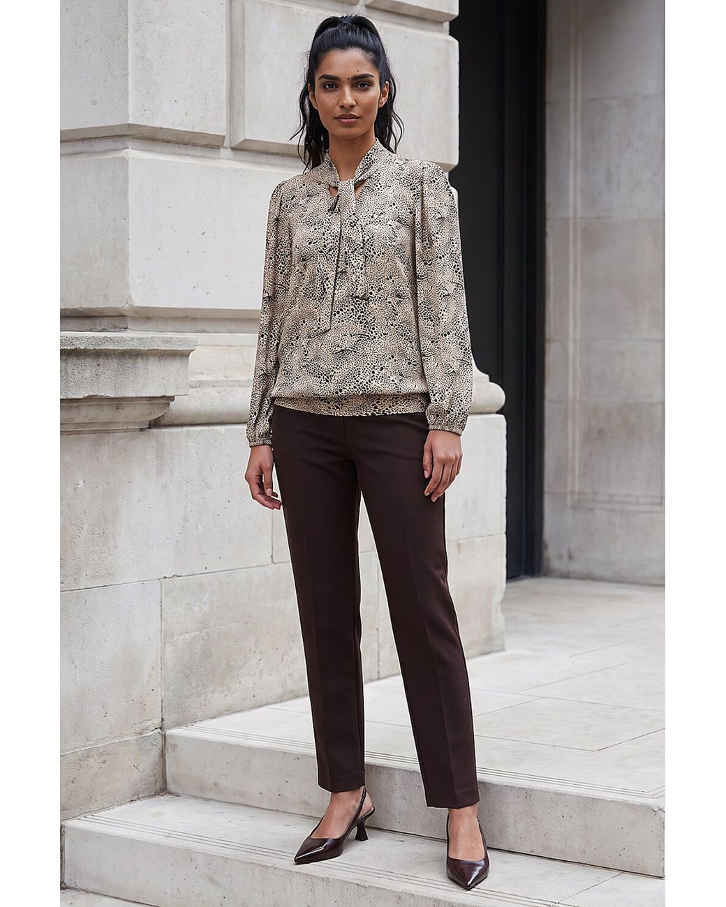 Roman Gray Tie Neck Animal Top