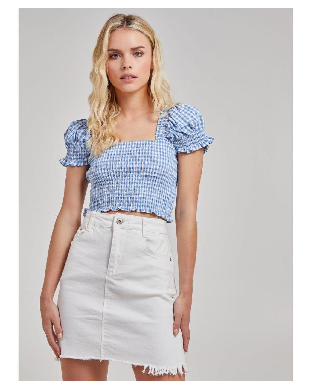 Pink Vanilla Blue Cropped Ruched Check Top