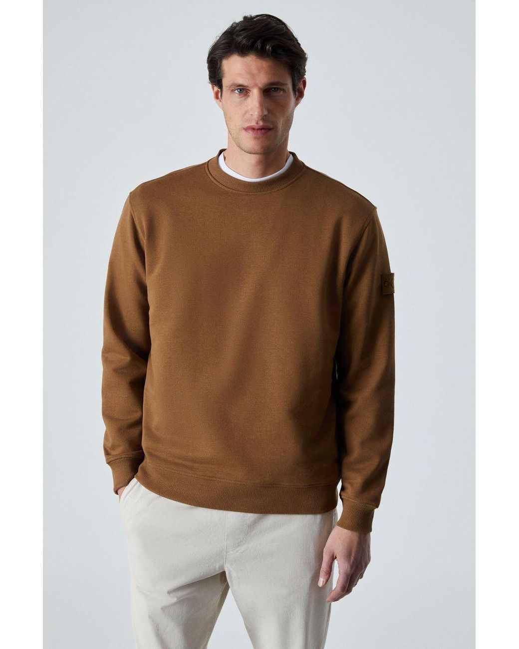 Grimelange Brown Embroidered Crew Neck Sweatshirt for men