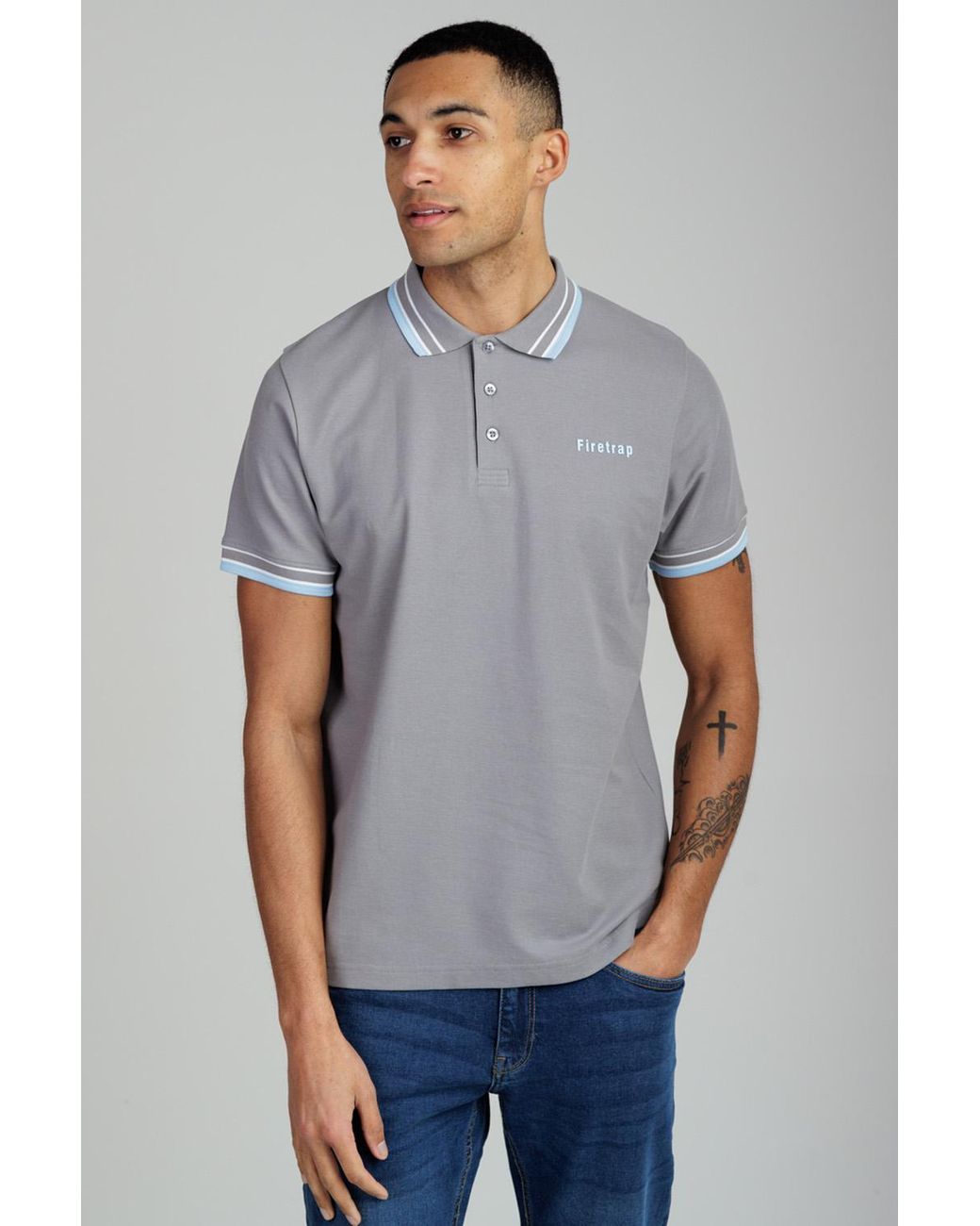 Firetrap Gray Regular Fit Cotton Button Polo Shirt With Contrast Trim for men