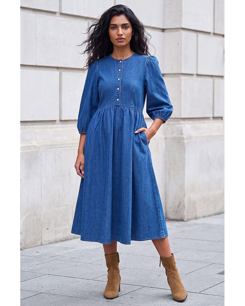 Roman Blue Popper Buttoned Midi Dress