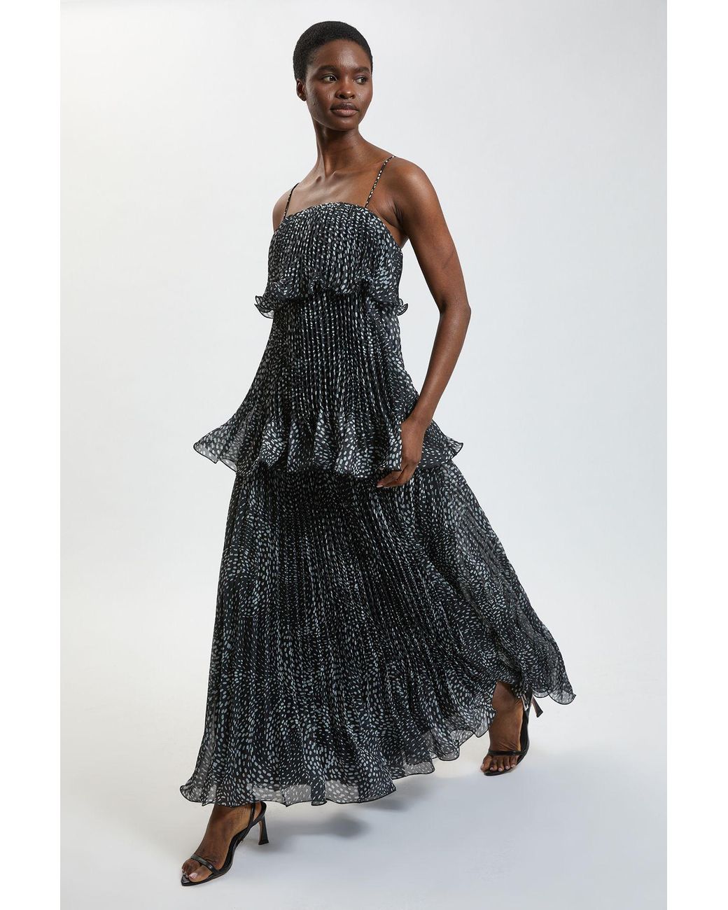 Karen Millen Black Spot Print Pleated Slub Organdie Peplum Woven Maxi Dress