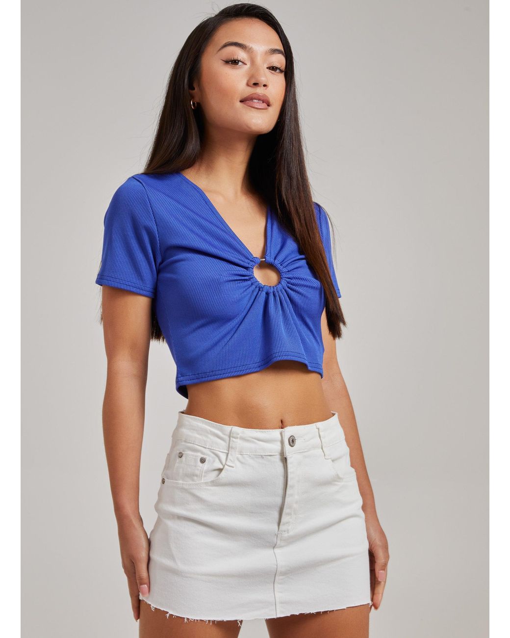 Pink Vanilla Blue Short Sleeve Ring Cut Out Rib Top
