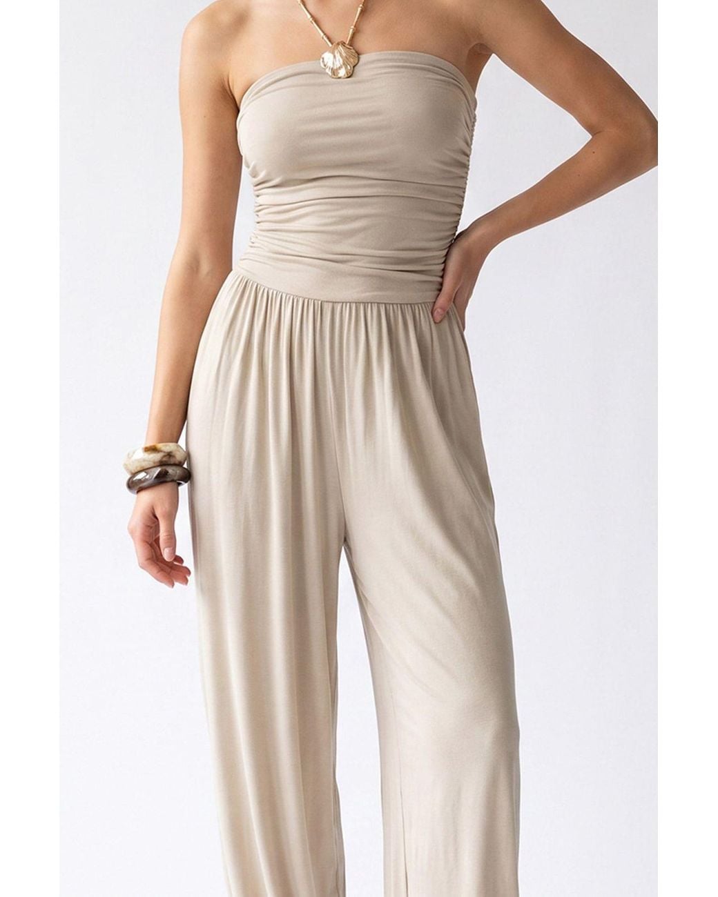MixRay White Strapless Shirred Knit Jumpsuit