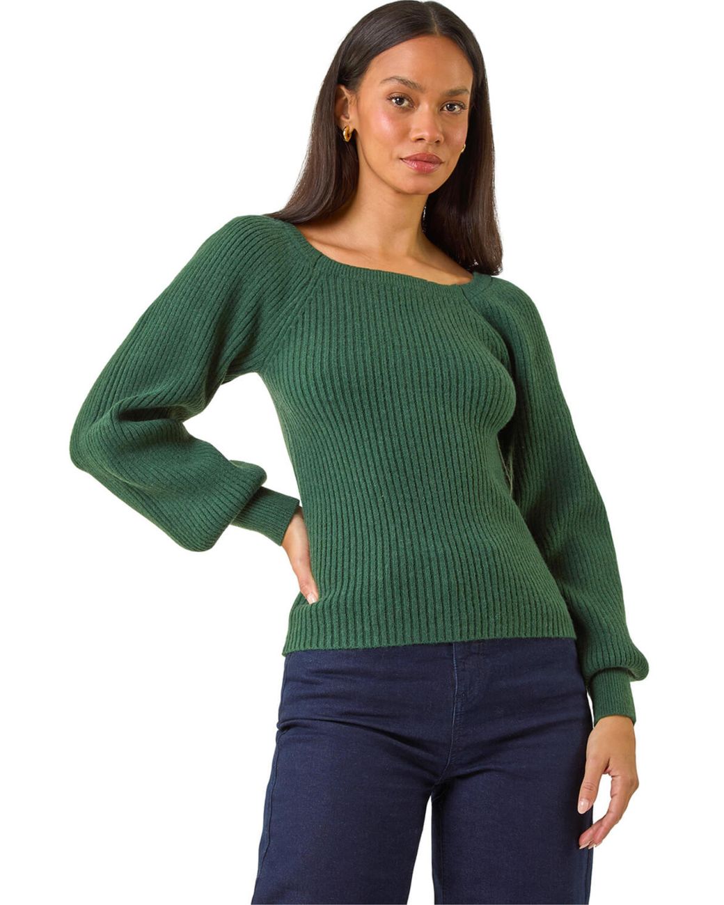D.u.s.k Green Ribbed Blouson Knit Jumper