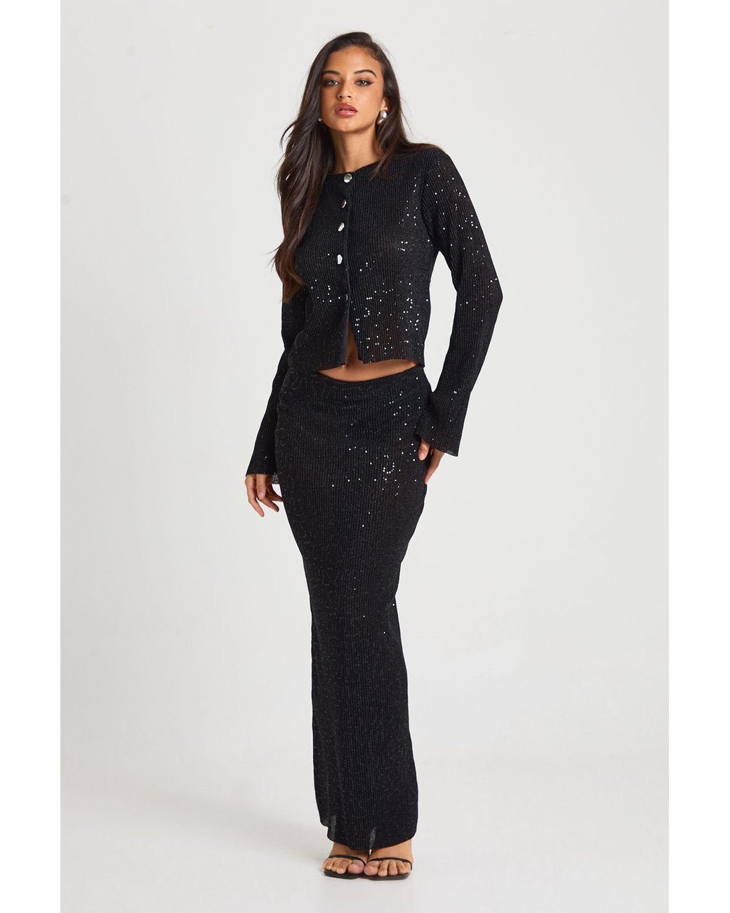 Boohoo Blue Sequin Rib Column Maxi Skirt