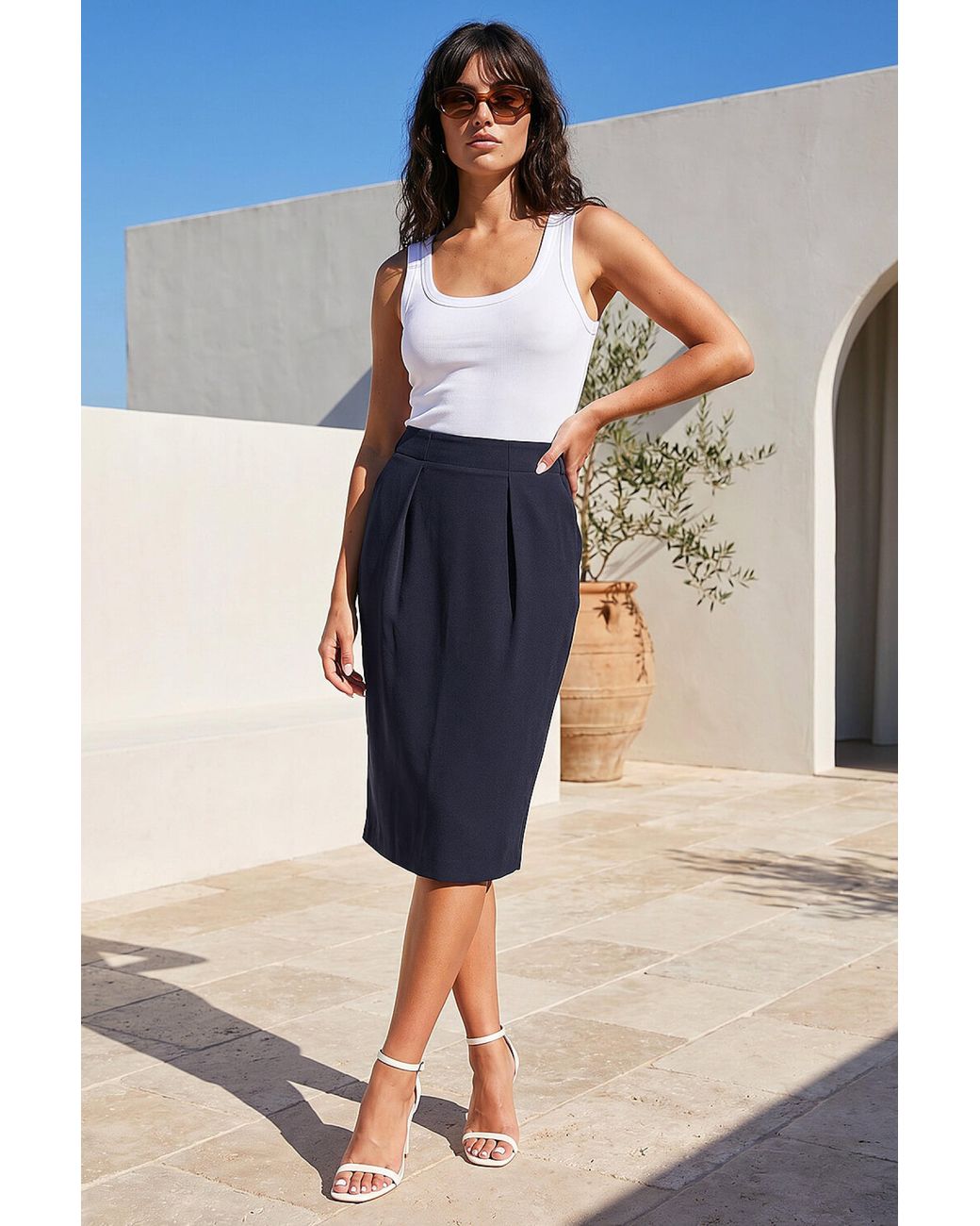 Roman Blue Pull On Pleated Stretch Skirt