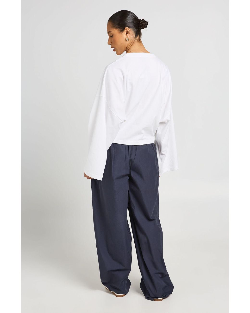 Boohoo Blue Cotton Poplin Barrel Leg Trousers