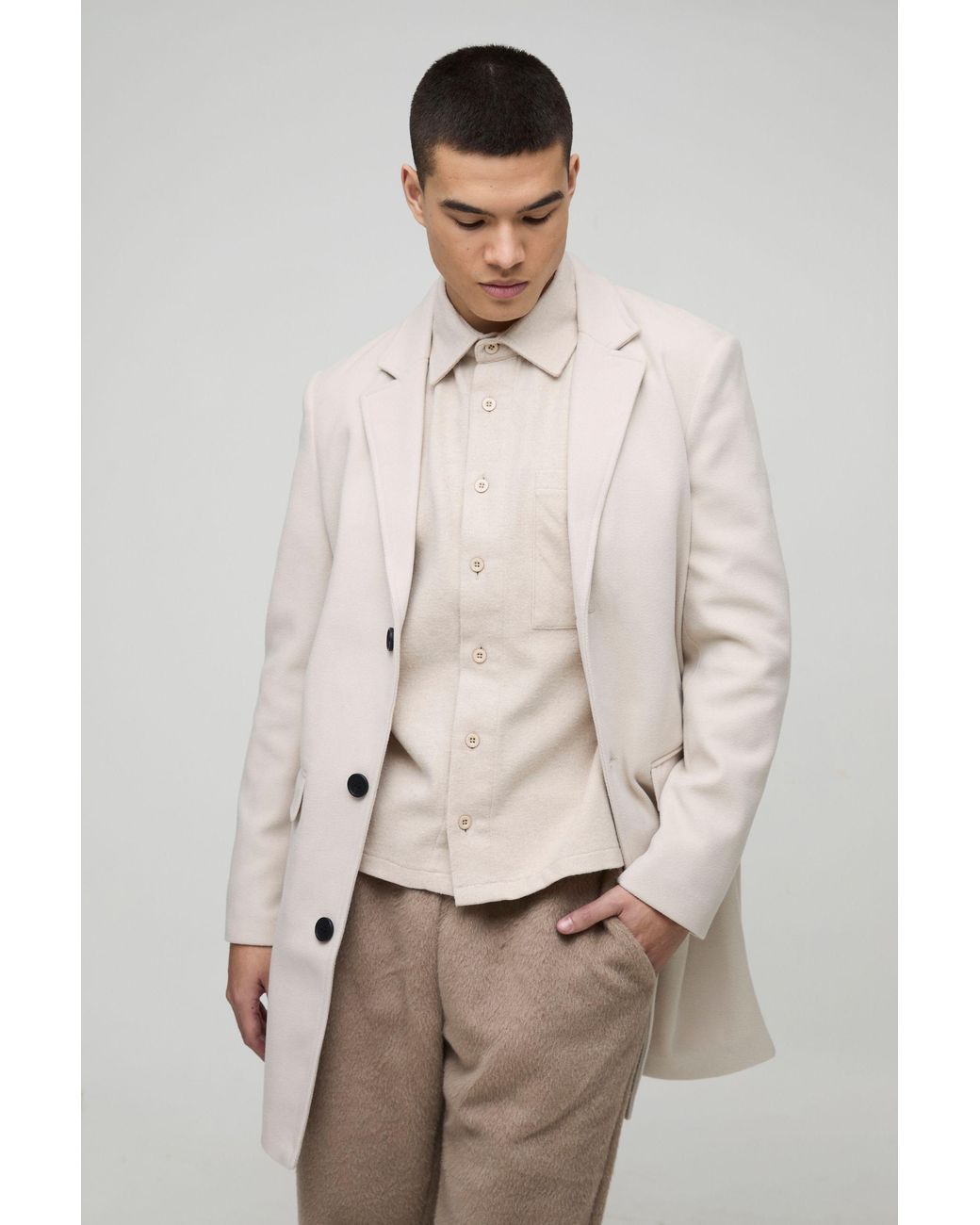 BoohooMAN Natural Single Breasted Wool Look Overcoat In Beige for men