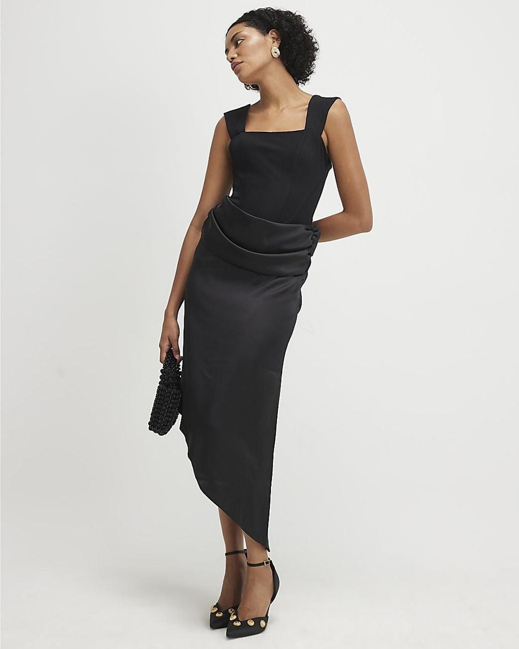 River Island Black Midi Dress Satin Sleeveless