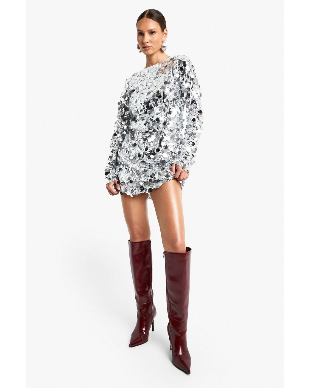 Boohoo Metallic Disc Sequin Blouson Shift Dress