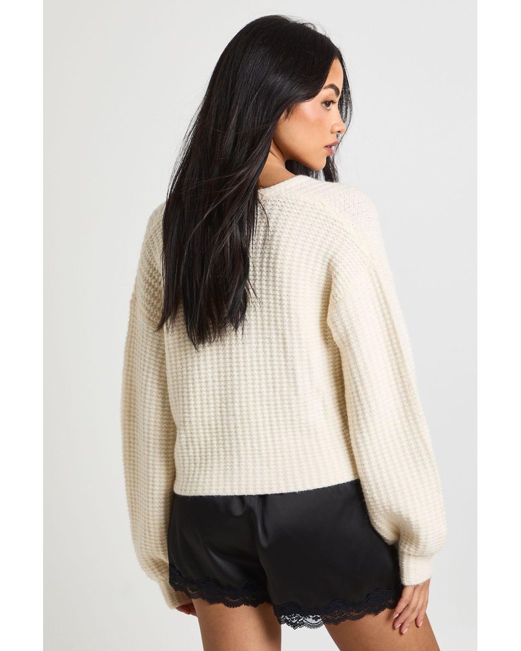 Boohoo Natural Chunky Knit Oversized Bow Button Cardigan
