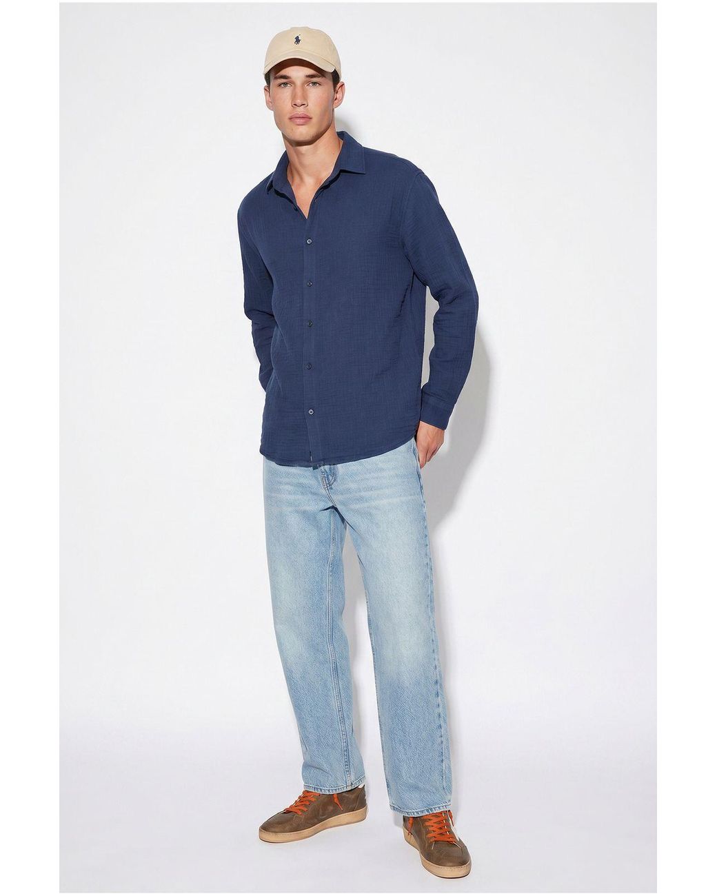 Bianco Lucci Blue Oversized Textured Button-Front Shirt