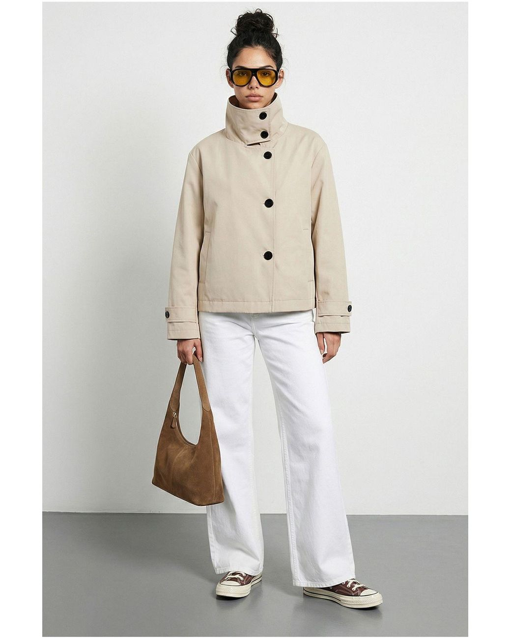 Bianco Lucci Natural Short Mandarin Collar Trench Coat