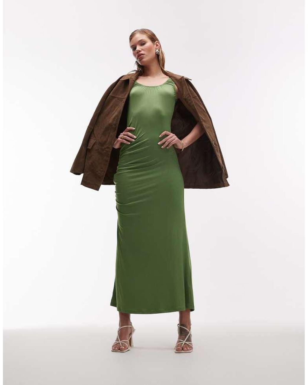 TOPSHOP Green Slinky Scoop Neck Maxi Dress