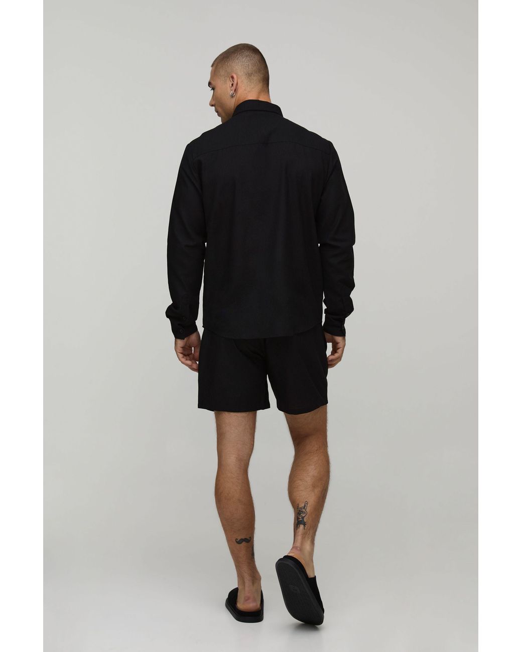 BoohooMAN Black Regular Fit Long Sleeve Linen Blend Shirt for men