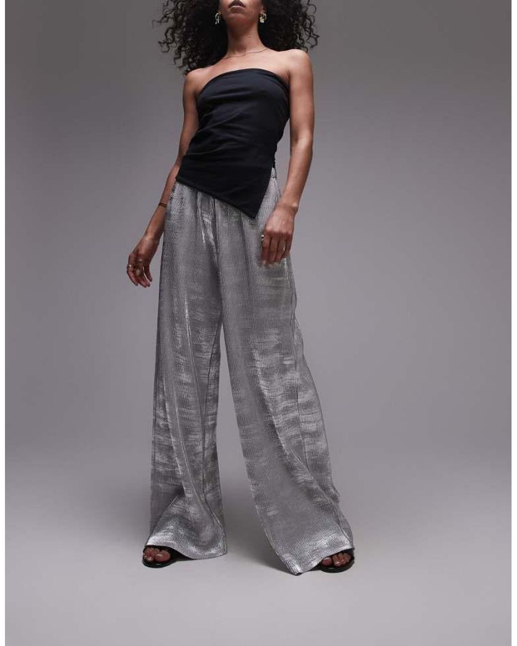 TOPSHOP Gray Foil Print Plisse Trouser