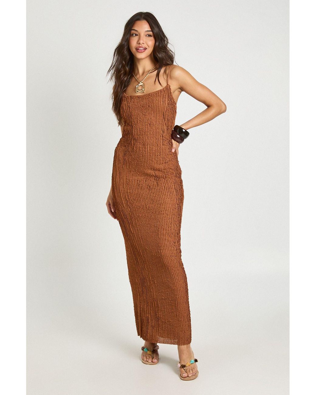 Boohoo Brown Textured Crochet Strappy Cami Maxi Dress