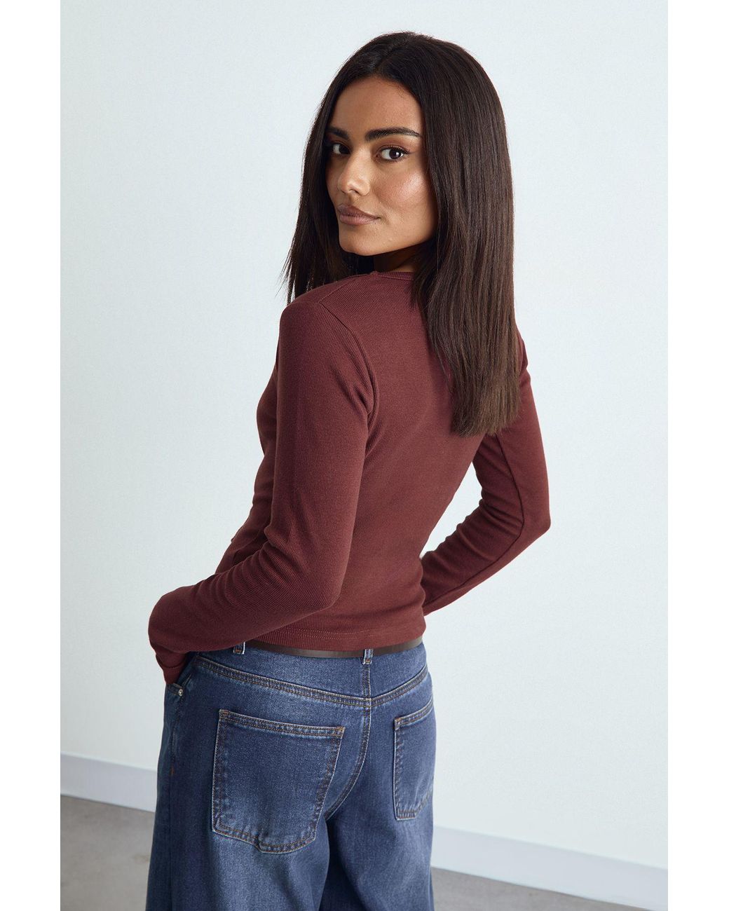 Boohoo Red Basic Rib Scoop Neck Fitted Long Sleeve Top