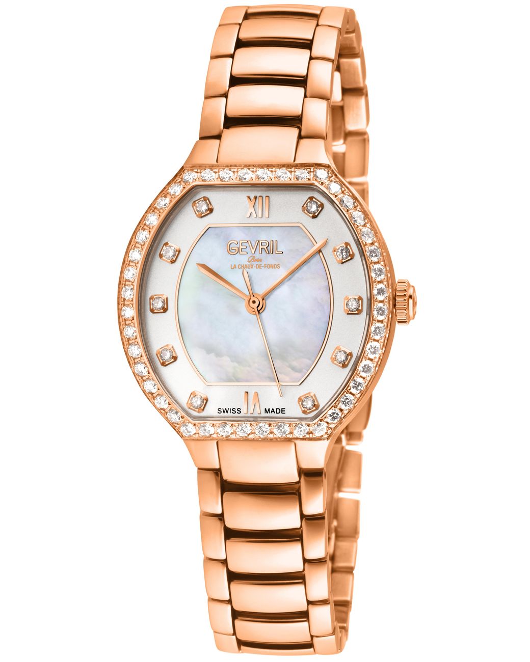 Gevril Metallic Lugano Swiss Diamond Watch, Mop Dial, 316L Stainless Steel Bracelet