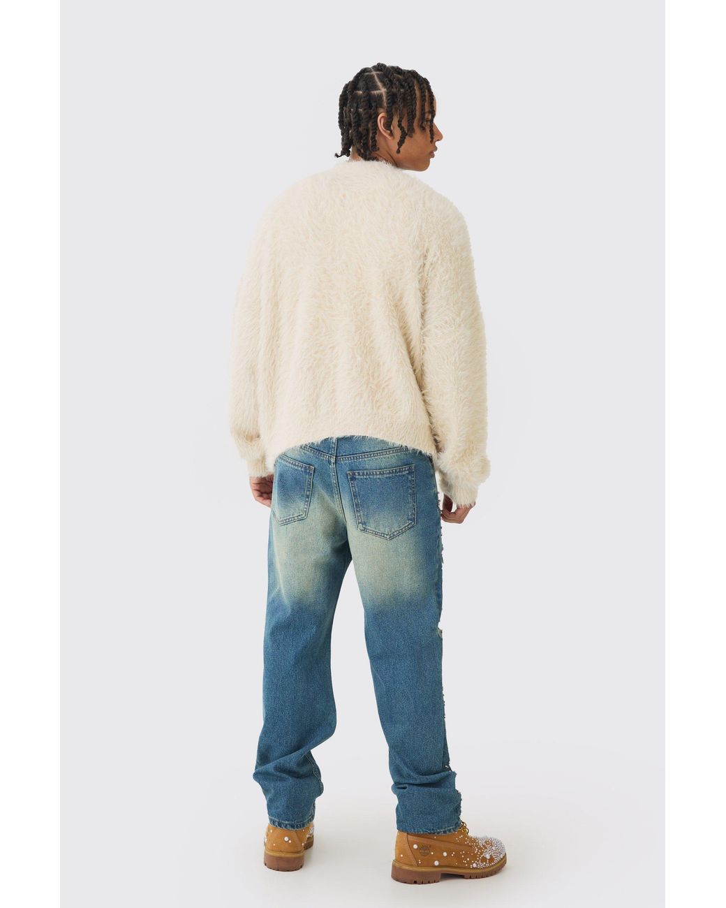 BoohooMAN Blue Relaxed Rigid Flared Embellished Ripped Jeans for men