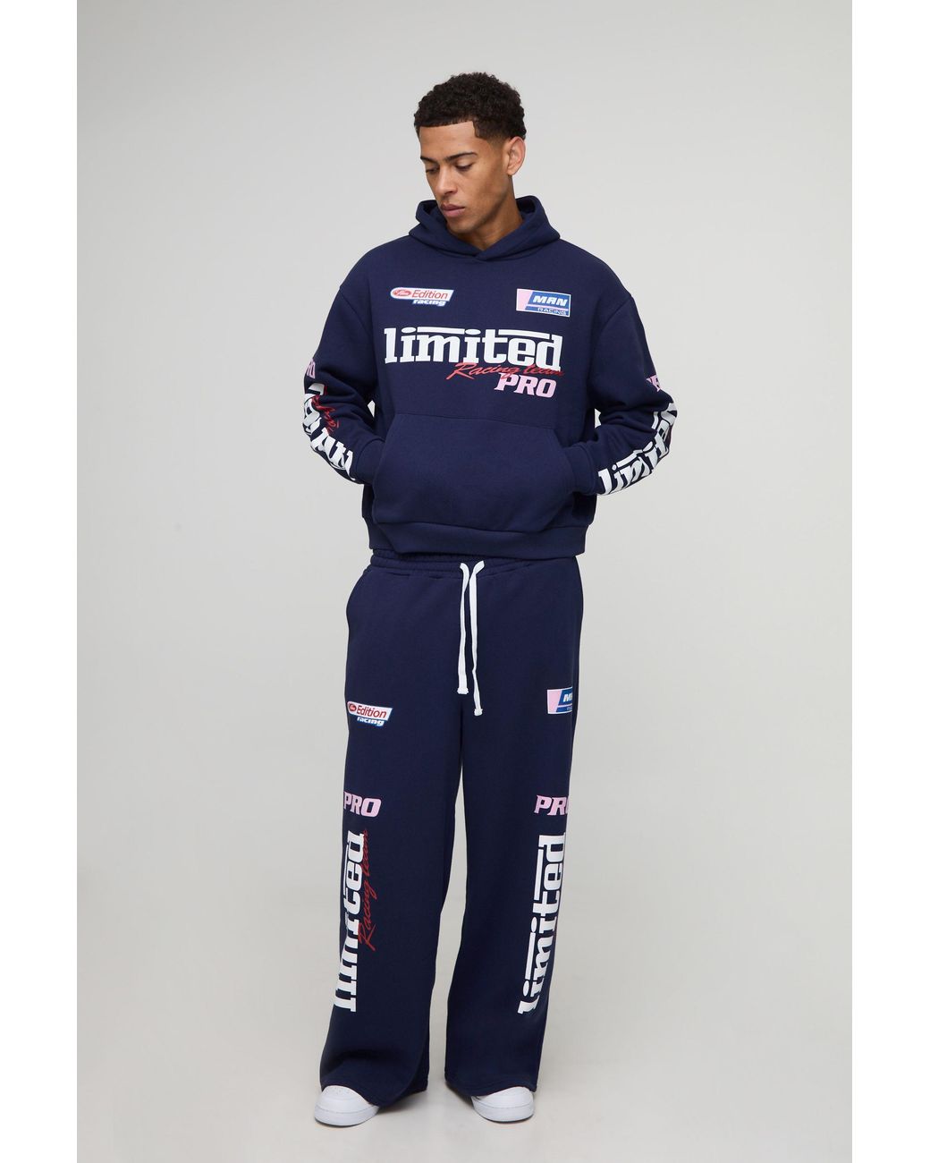 BoohooMAN Blue Oversized Boxy Moto Graphic Hoodie for men