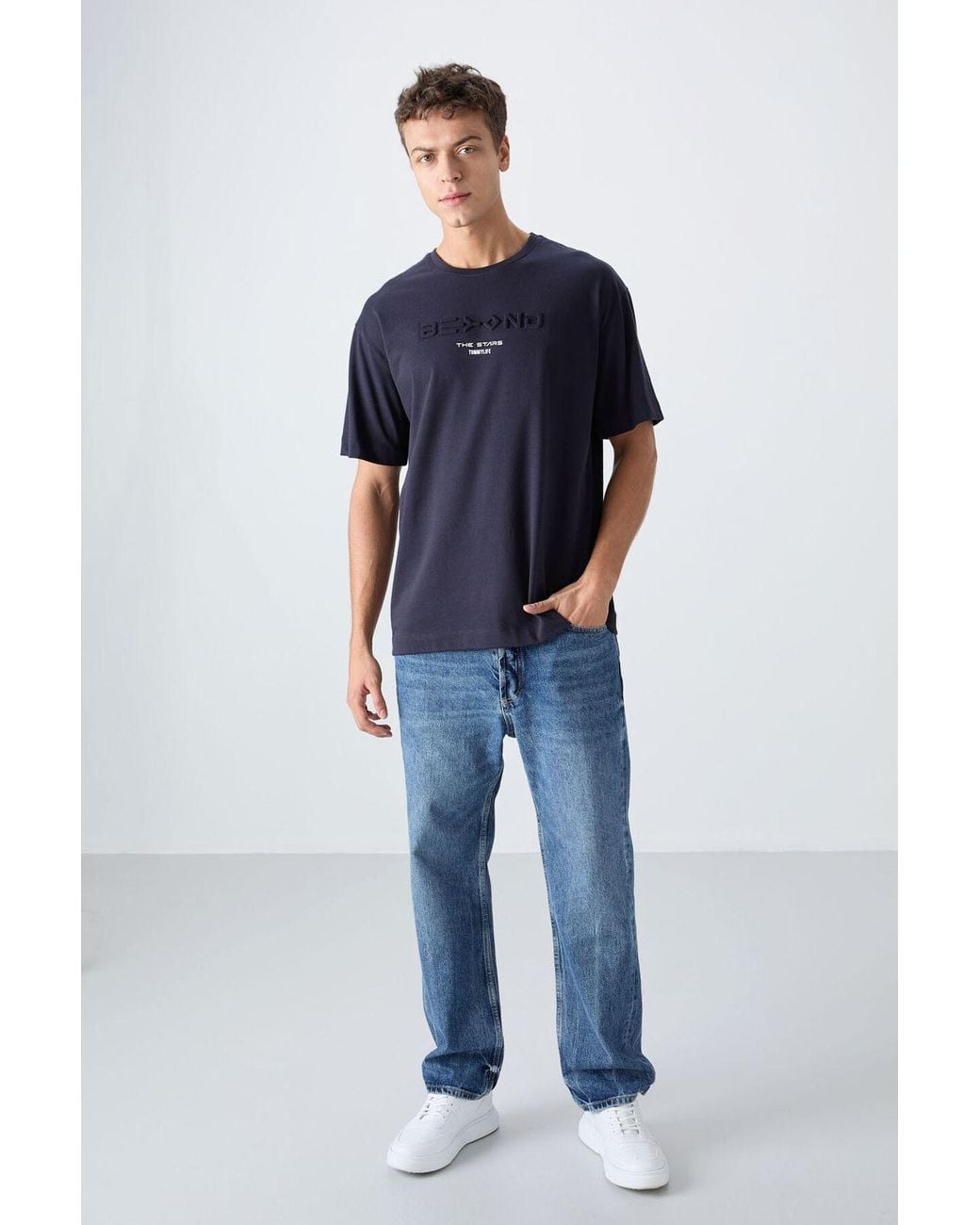 TOMMY LIFE Blue Oversized Cotton- Logo T-Shirt for men