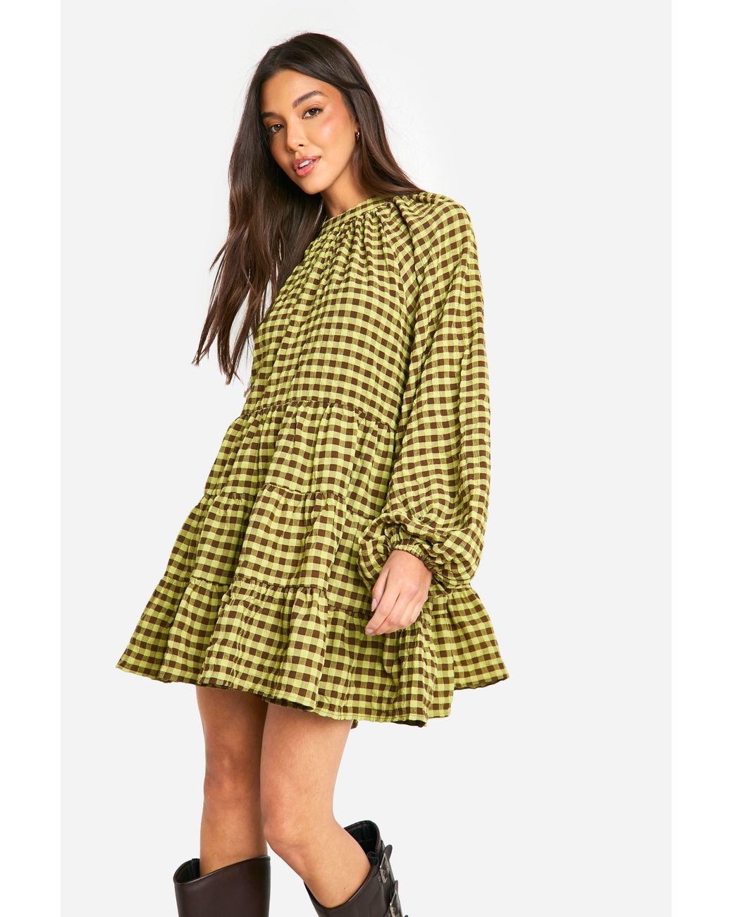 Boohoo Yellow Textured Check Smock Dress