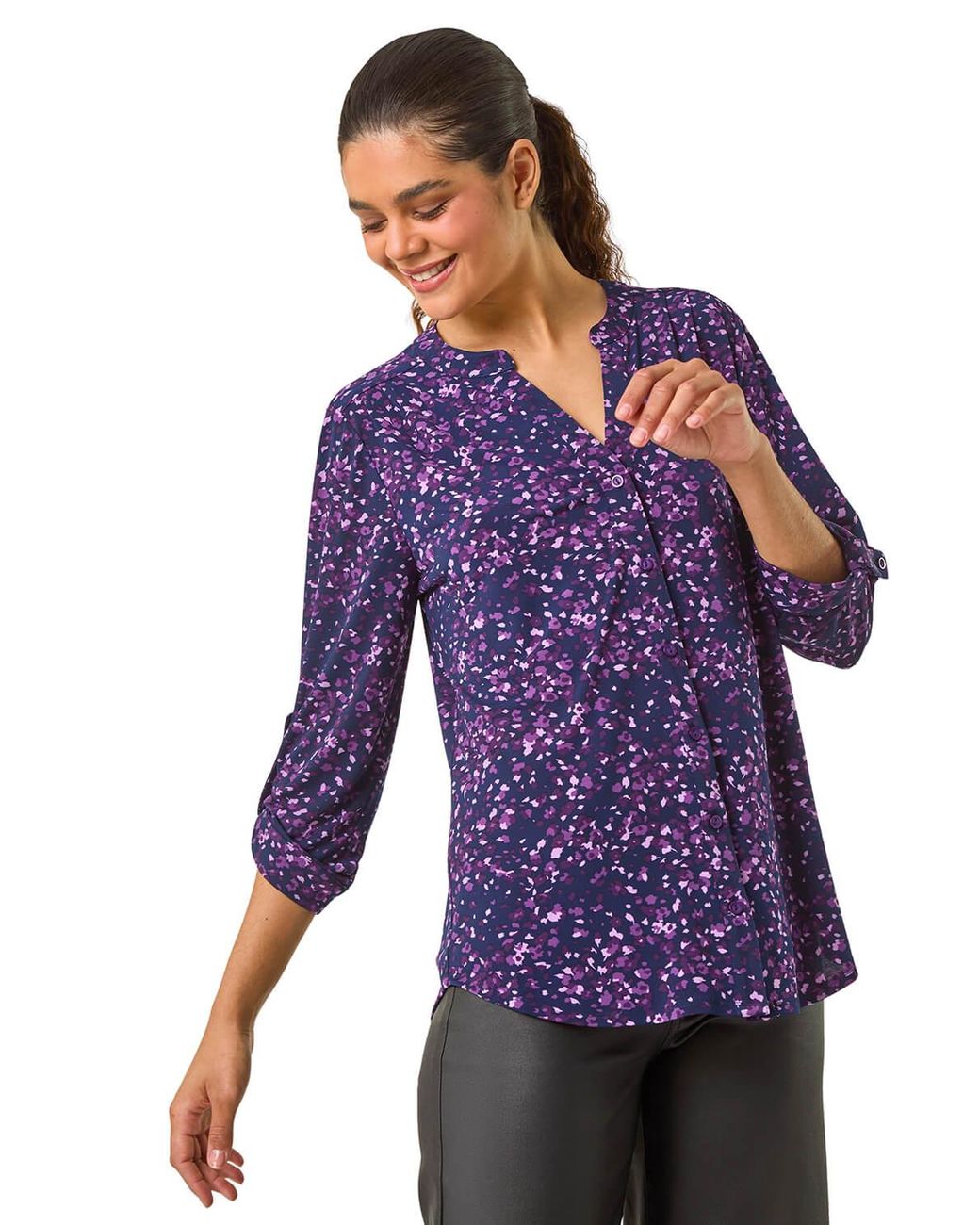 Roman Blue Stretch Speckled Print Blouse
