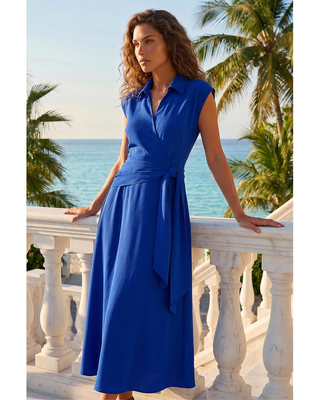 Roman Blue Fit And Flare Tie Dress